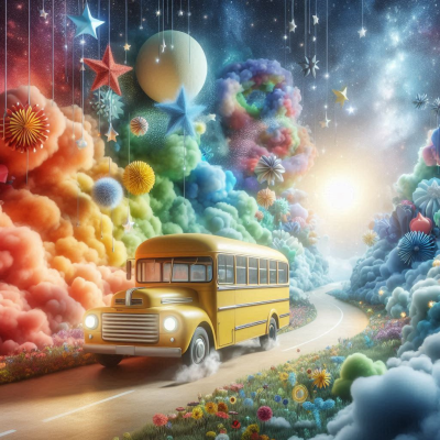 "다채로운 색깔의 꽃과 구름들이 가득한 풍경에서 버스가 도로를 달리고 있다."