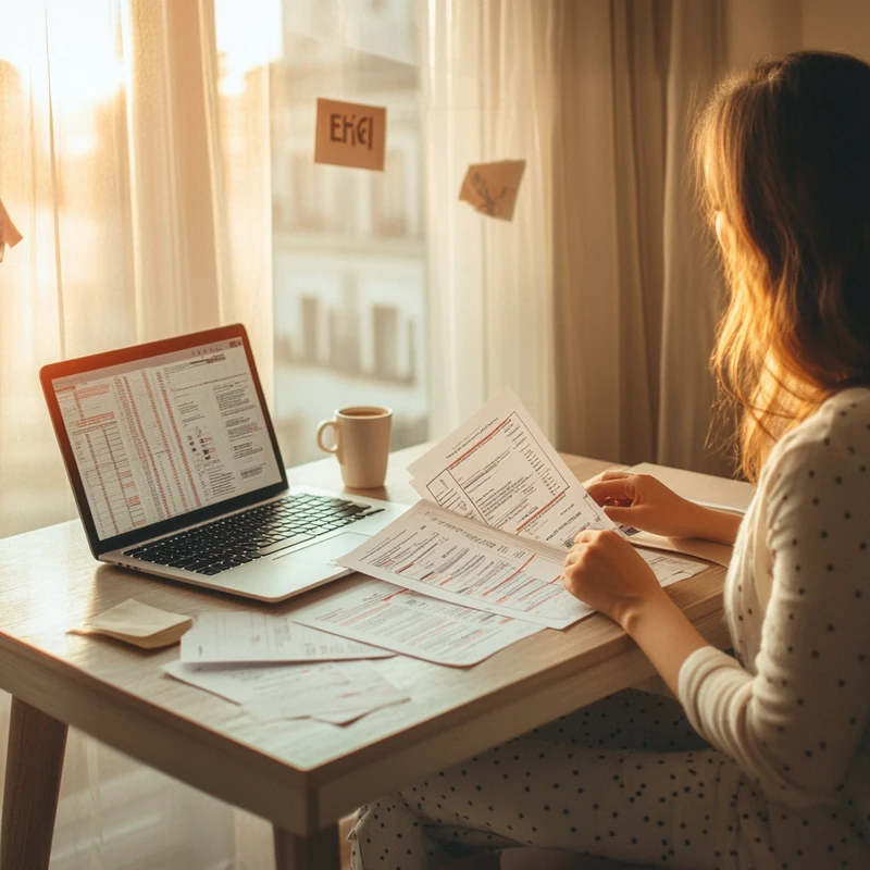 ETF 세금 문서를 철저히 검토하는 사람이 부드러운 아침 햇살 아래 집중하고 있습니다. 이 이미지는 세금 전략을 수립하는 사람의 주의 깊은 장면을 담고 있습니다.