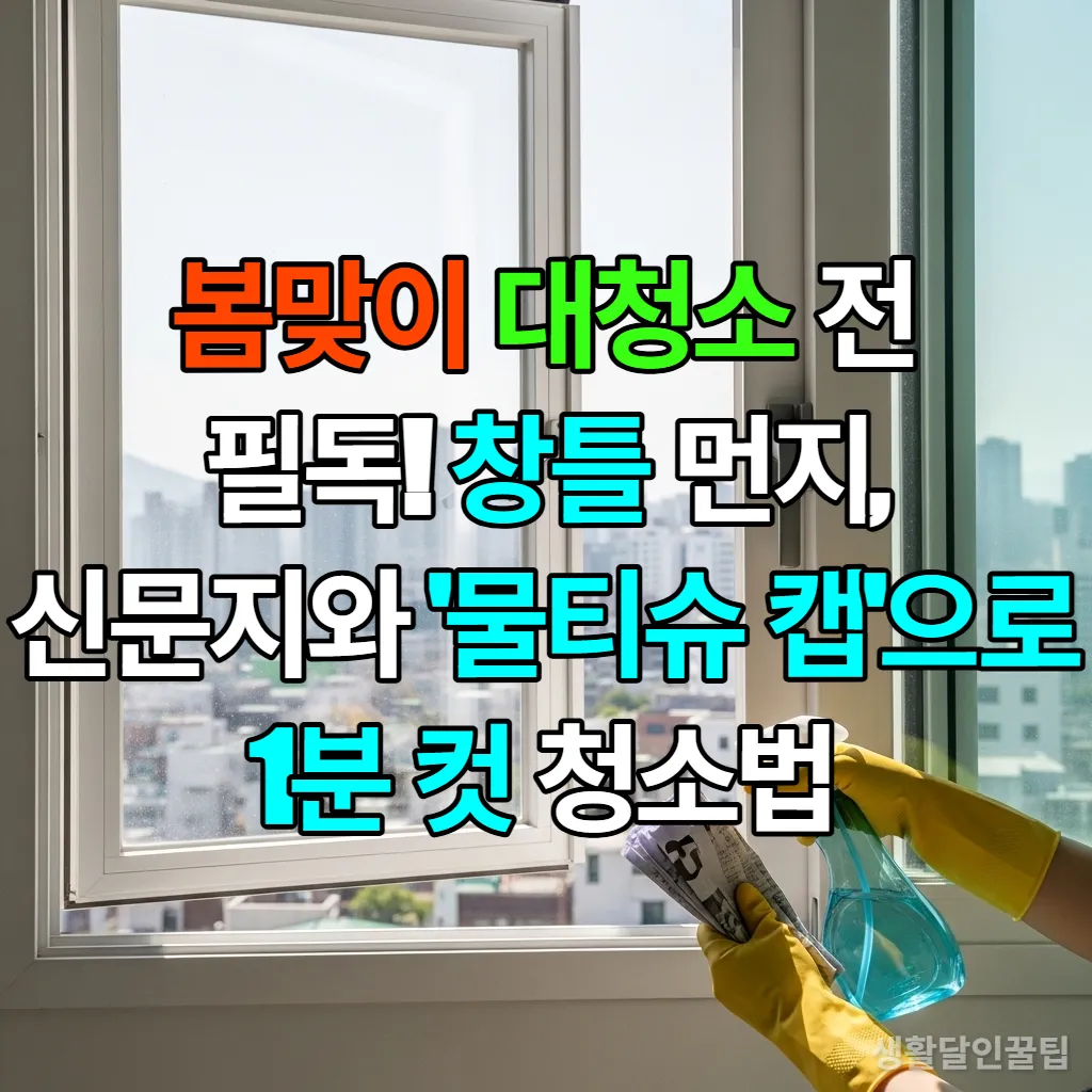 한국 아파트 거실 창문에서 고무장갑을 낀 손이 분무기와 신문지를 들고 창틀 청소를 준비하는 모습