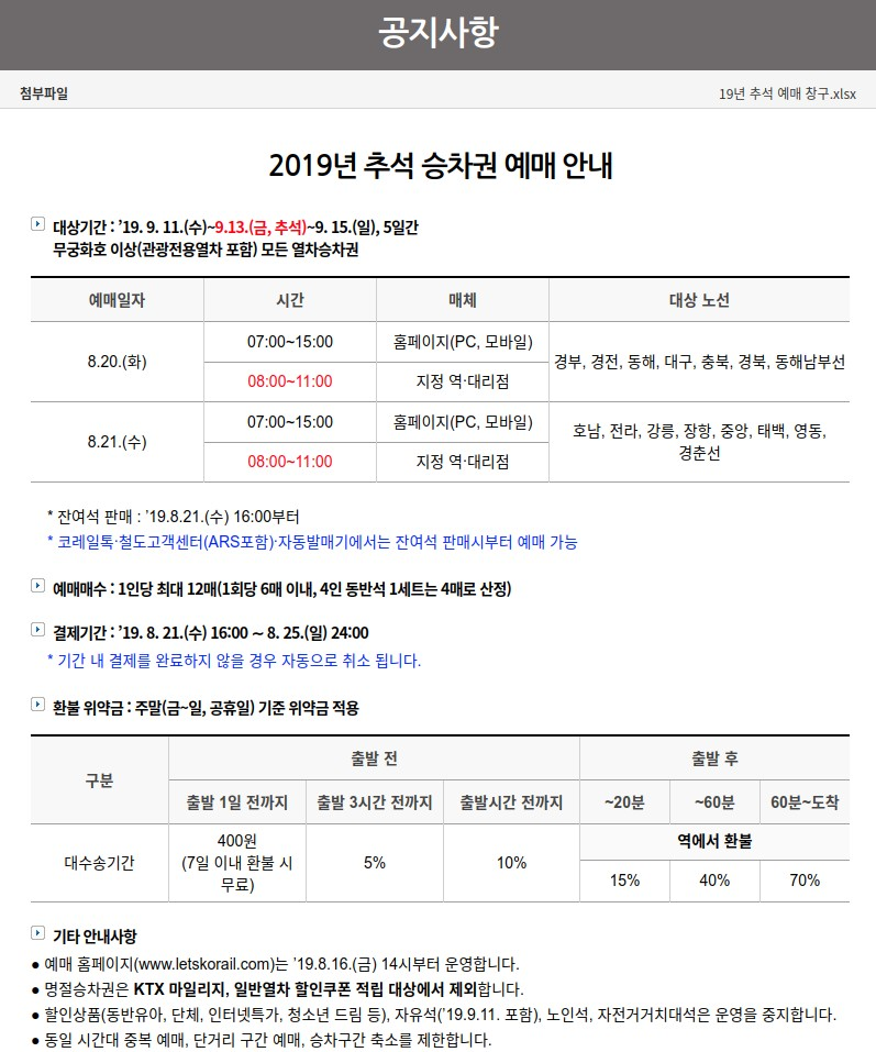 추석 기차표 온라인 예매 미리 확인하시고 준비 하세요.