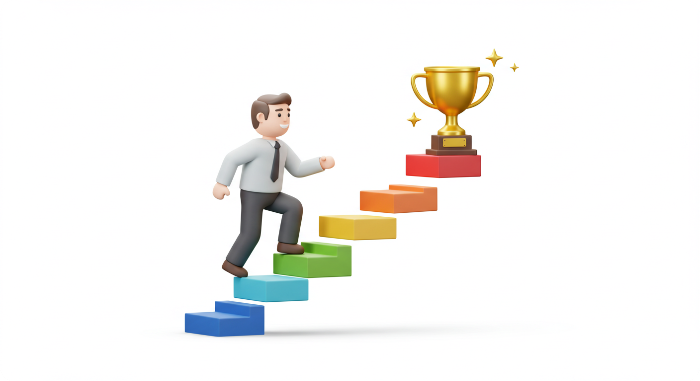 성공을 향해 계단을 오르는 인물과 정상의 트로피를 표현한 3D 아이콘