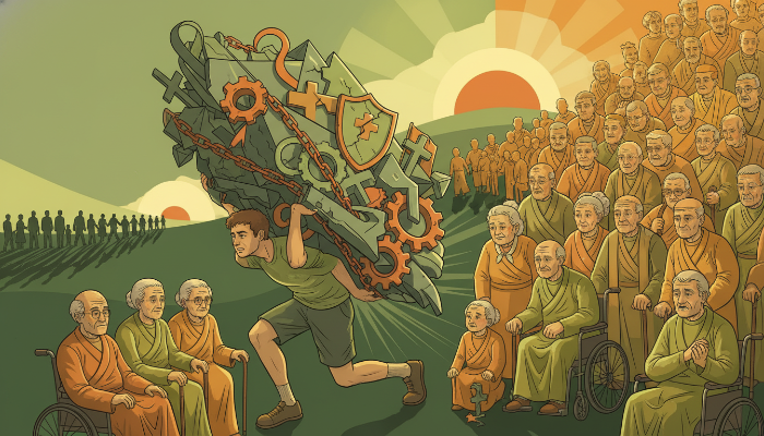 젊은 세대가 사회 복지 부담을 짊어진 채 힘들어하는 모습과 주변의 노인들을 묘사한 일러스트. 고령화 사회의 경제적, 사회적 도전 과제를 상징합니다.