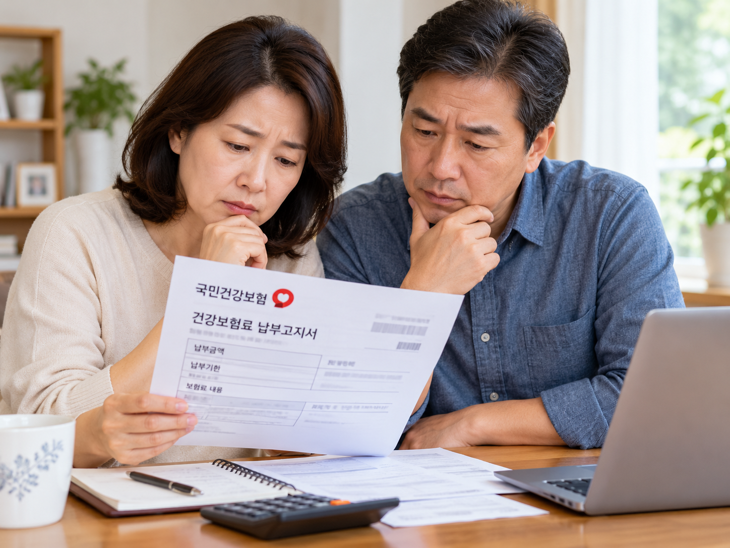 건강보험료 고지서를 확인하는 중장년 부부