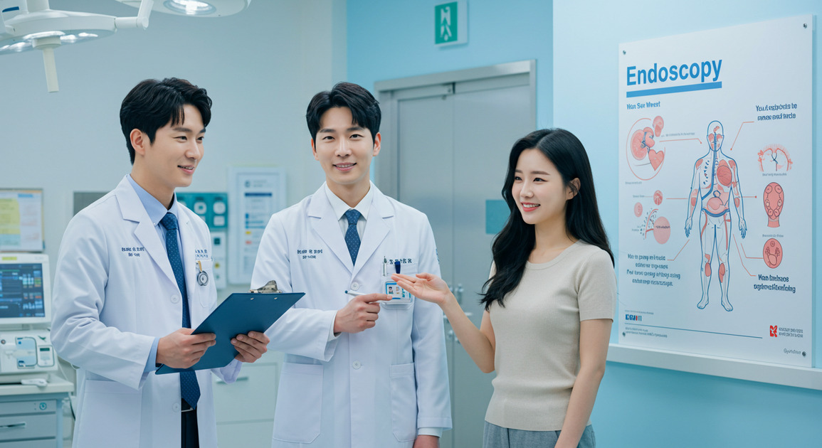 수면내시경 검사 받기 전 설명 해주는 의사와 듣는 환자 이미지