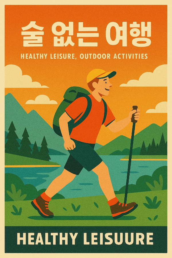 푸른 산과 호수 앞에서 하이킹하는 인물을 담은 술 없는 여행 레트로 포스터