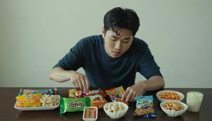 스케일링 후 단 음식과 과자를 내려놓는 모습