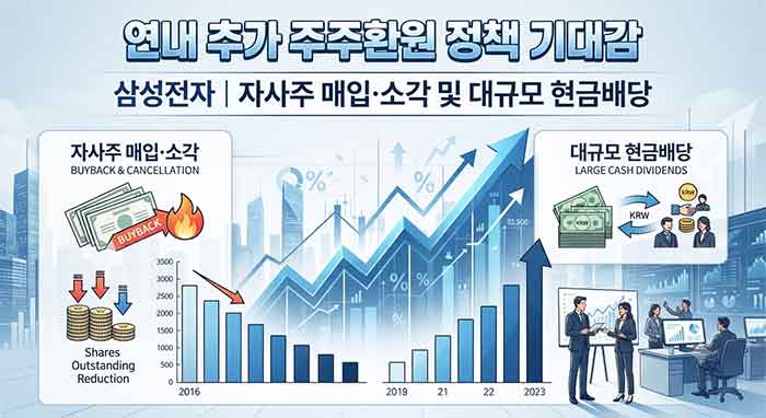 삼성전자 주주환원 정책 및 주가 상승 기대감 그래프 이미지.