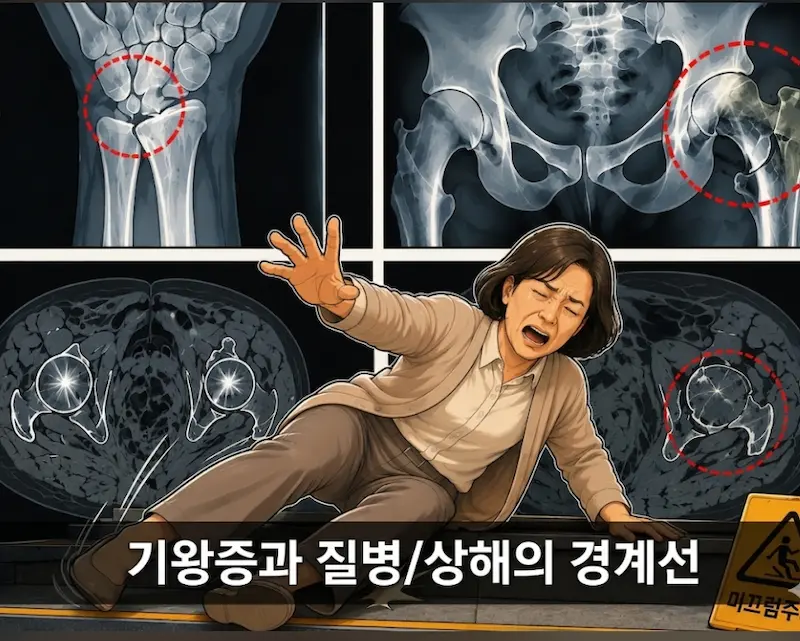 40대 여성이 계단에서 넘어지는 이미지. 기왕증과 상해 그리고 질병을 판단하는 영상사진이 배경인 이미지