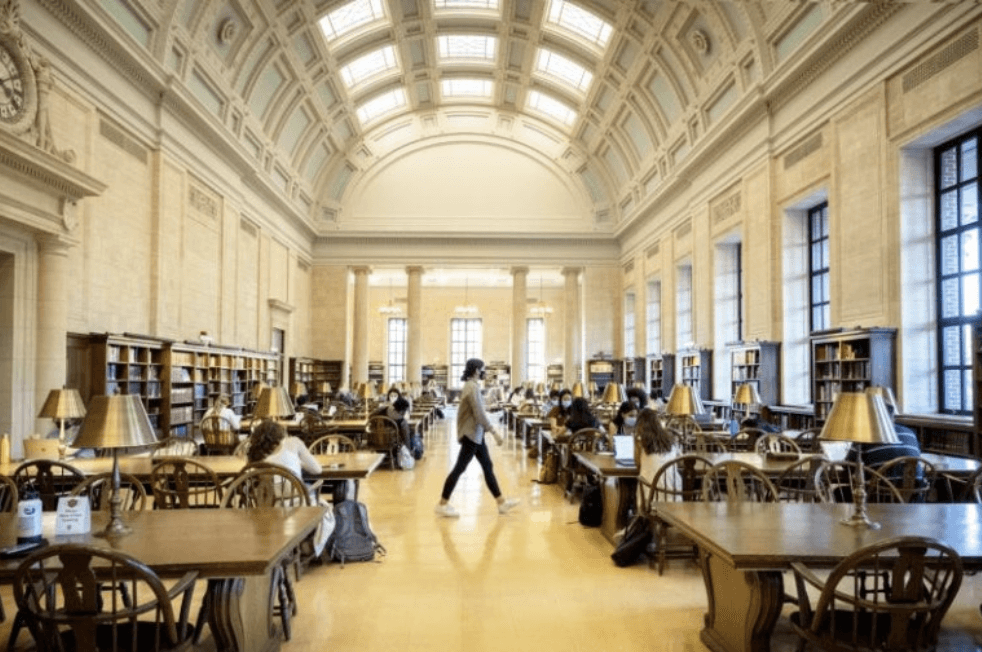 채광이 좋은 대학 도서관에 학생들이 앉아서 공부하는 모습