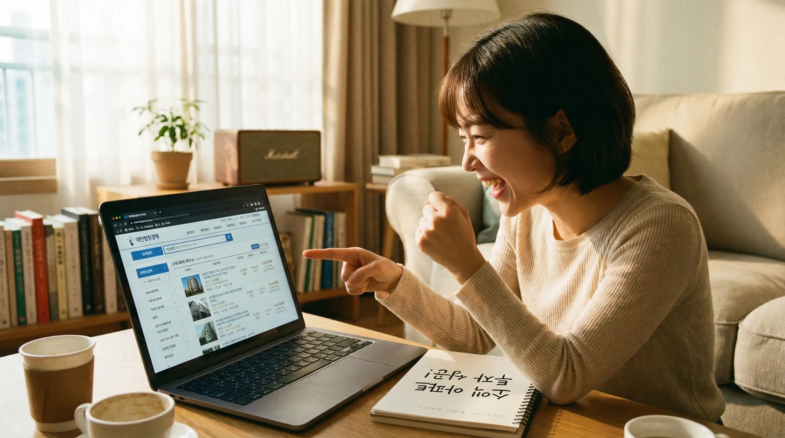 노트북으로 경매 사이트를 조회하며 소액으로 투자 가능한 아파트를 찾고 기뻐하는 나홀로 투자자의 모습