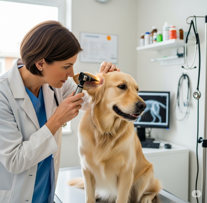 수의사가 강아지 귀 상태를 검사하는 진료 장면의 이미지