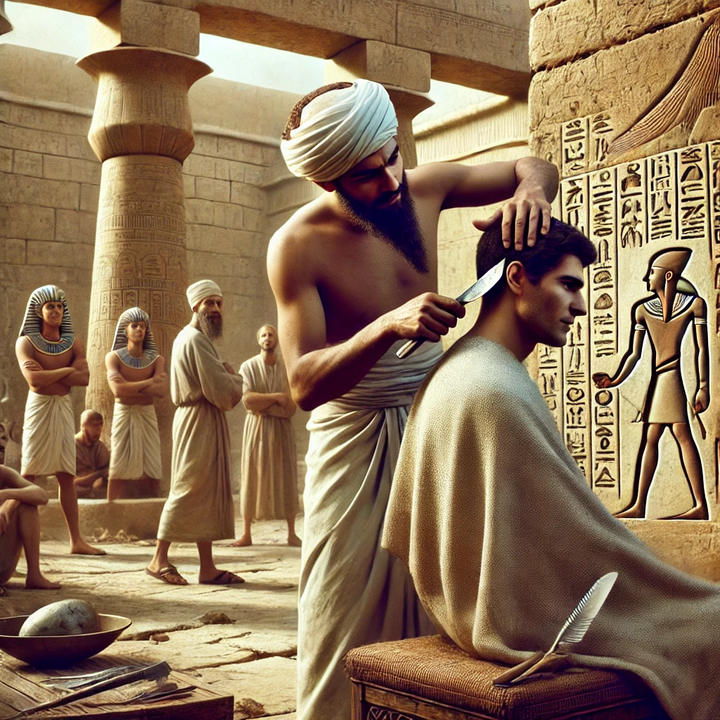 고대 이집트 이발사 - 청동 면도칼을 사용하여 머리를 깎는 장면.