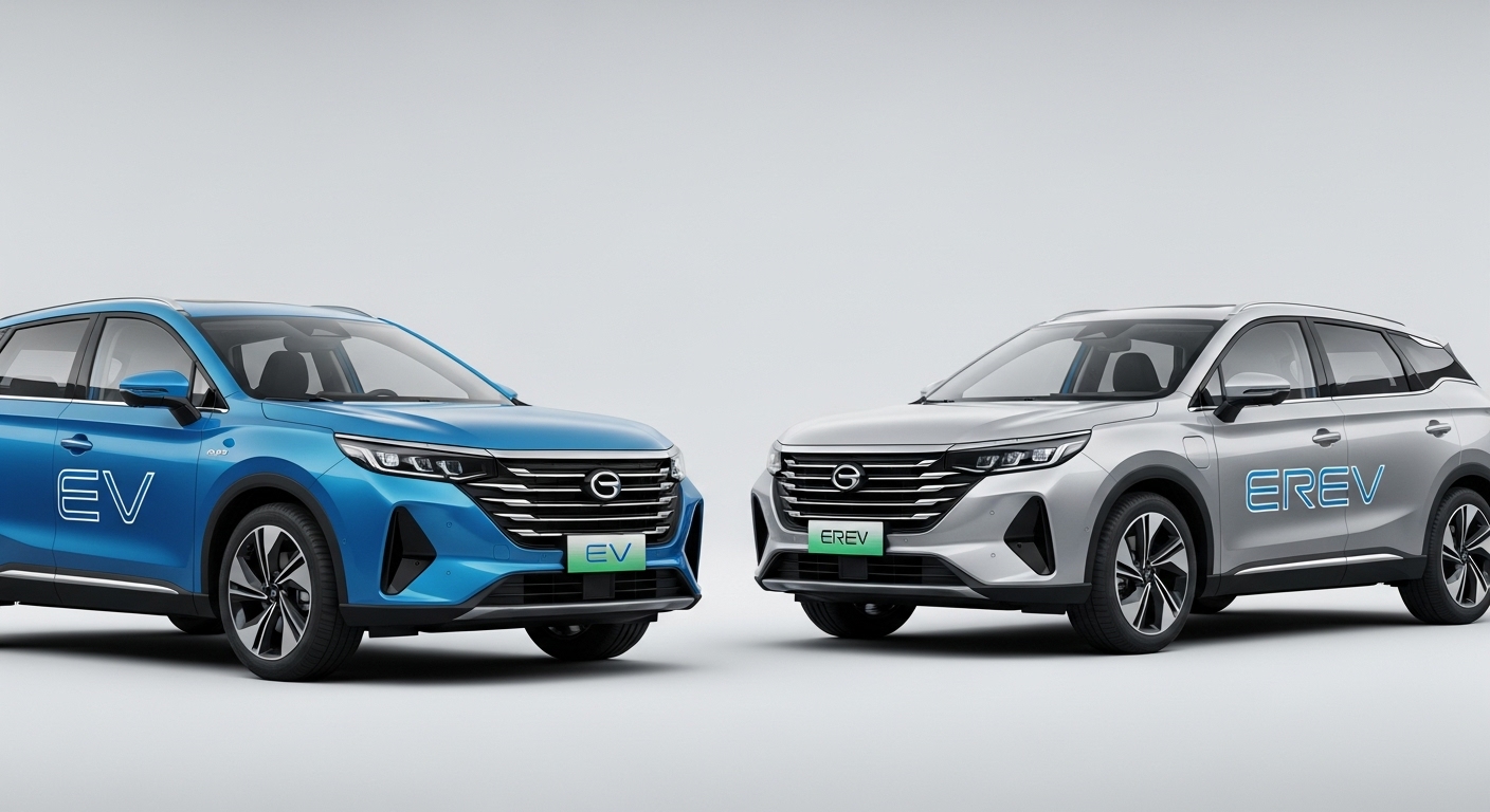 GAC 아이온 i60의 EV 모델(파란색)과 EREV 모델(은색)이 나란히 서 있는 모습