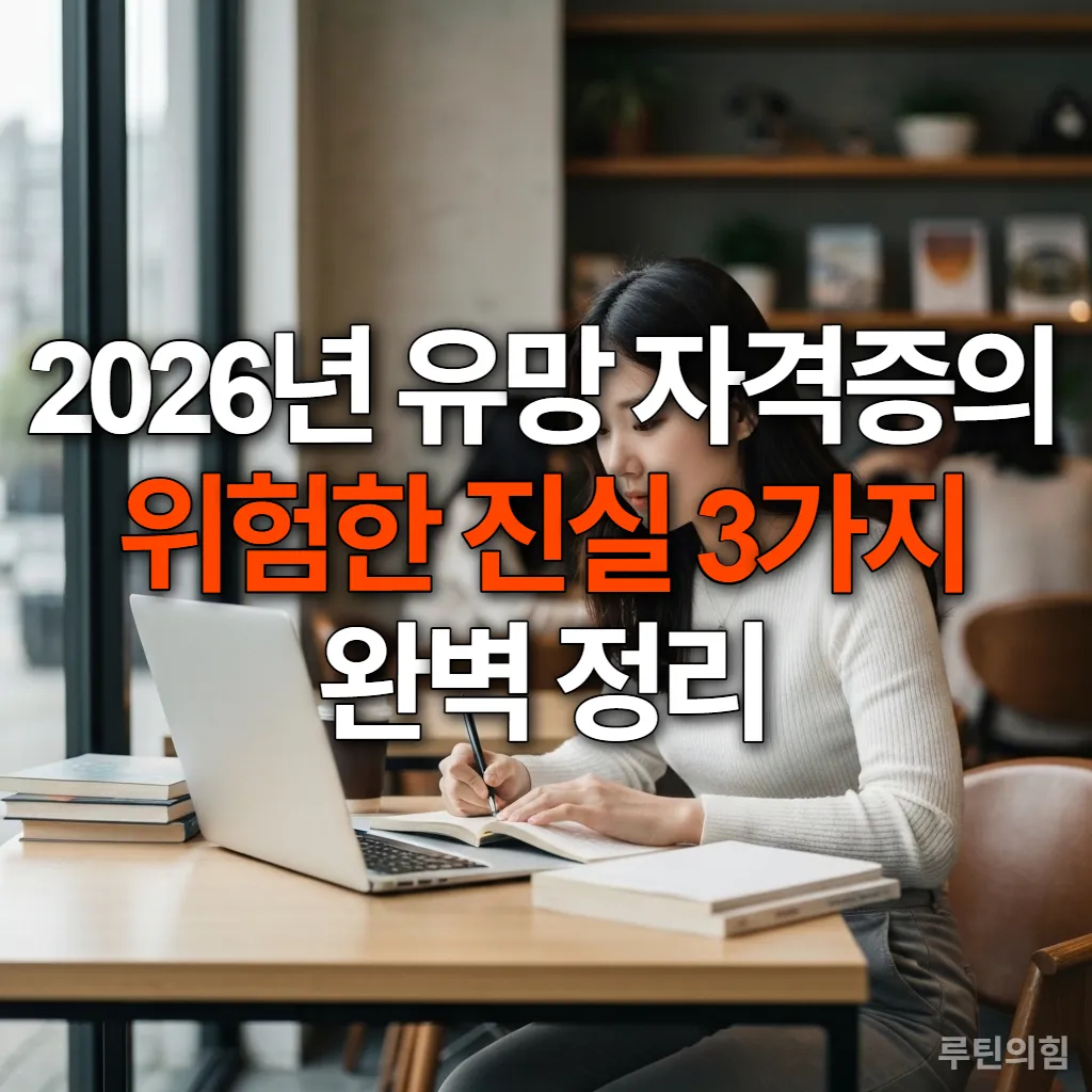 카페에서 노트북으로 유망 자격증 정보를 검색하며 공부하는 젊은 한국 여성