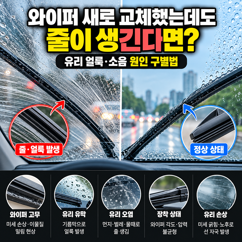 자동차 와이퍼 교체 후 줄 생김과 유리 얼룩 소음 원인 비교