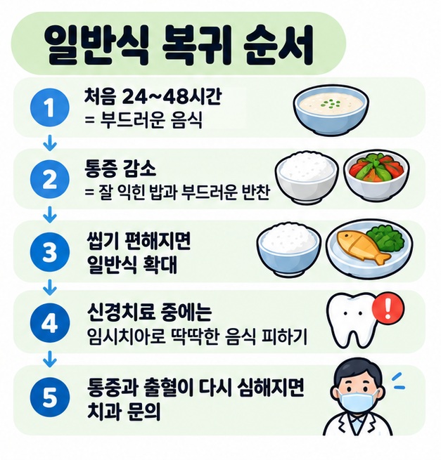 치과 치료 후 24~48시간은 부드러운 음식부터 시작하고 통증과 출혈이 줄면 일반식으로 단계적으로 돌아가는 과정을 정리한 카드