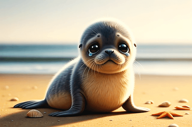 해변가에 아기 물범이 있다. 커다란 두 눈에선 투명한 눈물방울이 맺혔다.