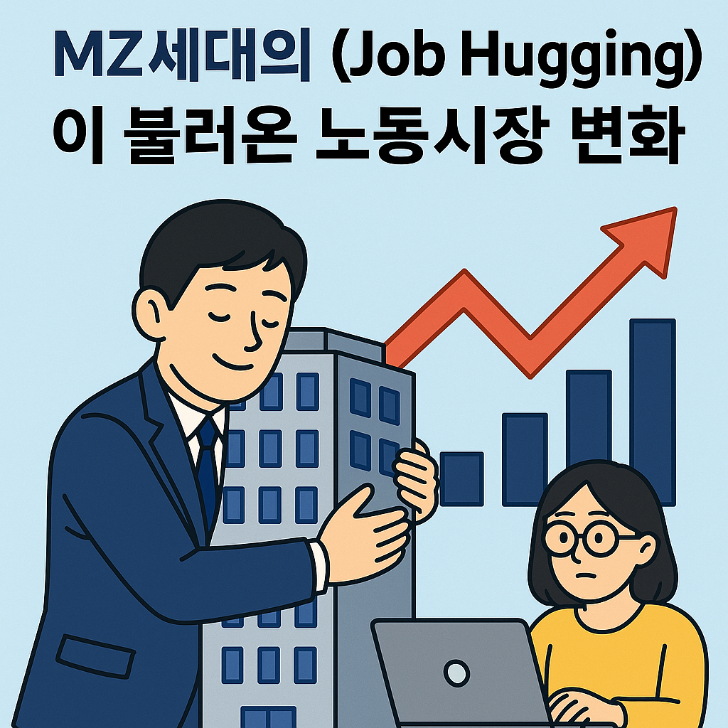 MZ세대의 Job Hugging 트렌드를 표현한 인포그래픽. 정장을 입은 직장인이 회사를 상징하는 건물을 껴안고 있고, 옆에서는 그래프와 상승 화살표가 나타나 노동시장의 변화를 상징한다. 노트북 앞의 여성 직장인은 변화 속에서 신중하게 일하는 모습을 보여준다.