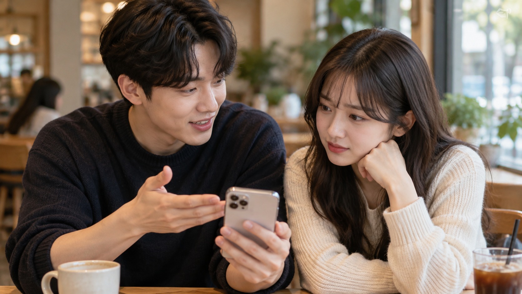 두 사람이 스마트폰을 보며 대화하면서 상대의 반응을 살피는 모습