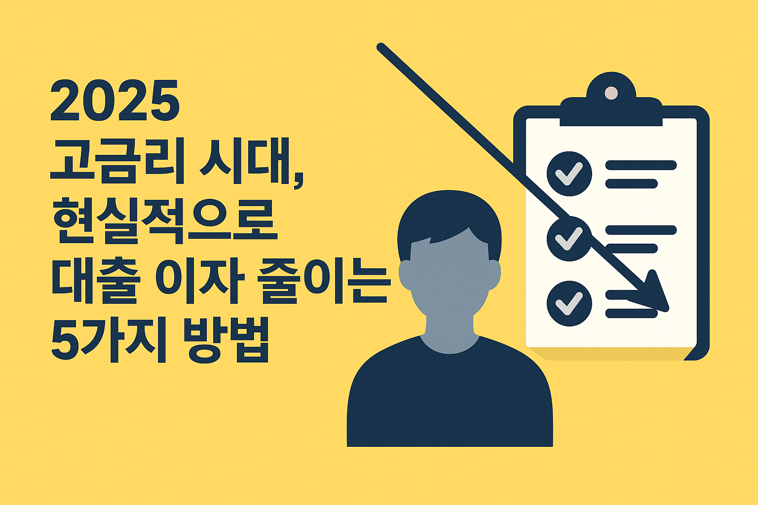 2025년 고금리 시대, 대출 이자 줄이는 현실적인 방법을 상징하는 일러스트