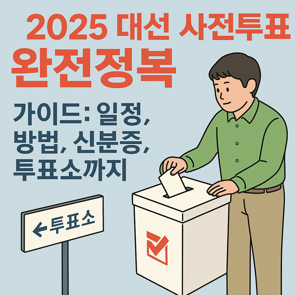 2025 대통령 선거 사전투표 장소 찾기: 최근이사 꼭 사전투표 정보를 담은 한국어 썸네일 이미지. 밝은 배경에 선거 아이콘과 투표용지, 신분증 일러스트가 포함됨.