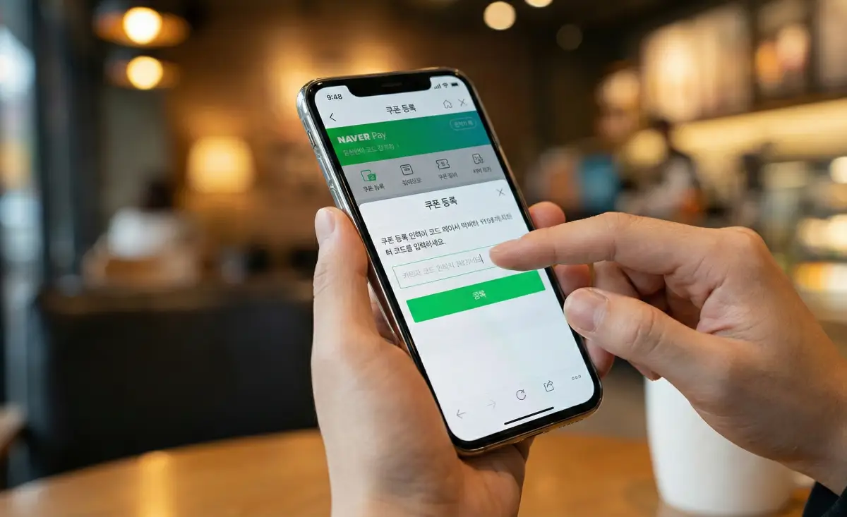 네이버 앱에서 페이 메뉴를 통해 포인트 쿠폰을 등록하는 화면 예시