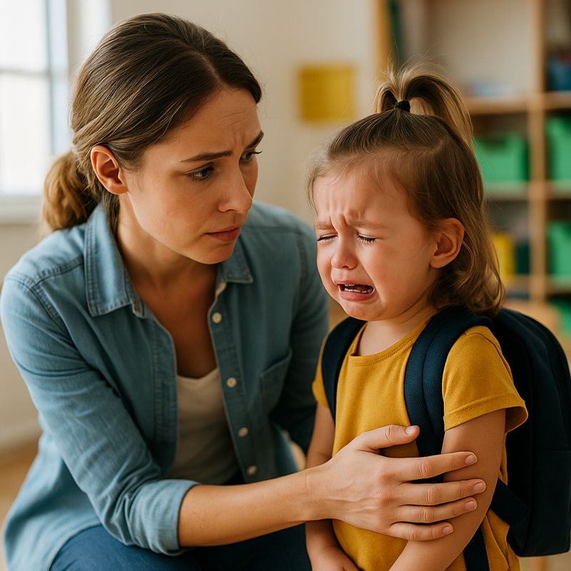 어린 여자아이가 학교에 가기 싫어 눈물을 흘리며 울고 있고, 엄마는 걱정스러운 얼굴로 아이를 부드럽게 안아주며 위로하고 있다. 아이는 노란색 티셔츠와 백팩을 메고 있다
