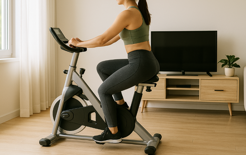 창가에서 실내 자전거를 타는 여성 사진