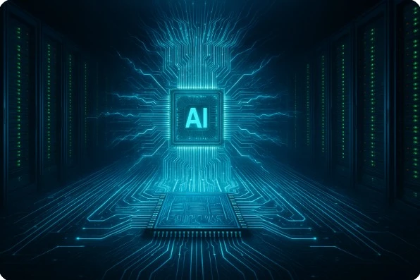 미래형 서버룸에서 회로가 16열로 확장되는 AI 서버 과부하 시각화 이미지