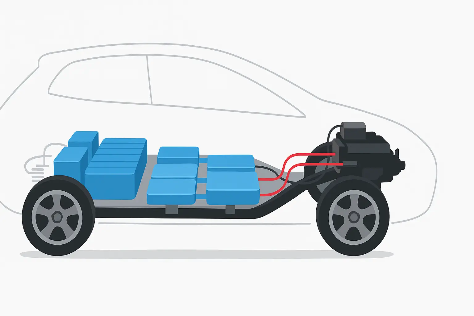 전기차 내부 2차전지 배터리 팩 구조와 배치, 반투명 차량 실루엣 속 배터리 모듈과 전기 모터 연결 모습