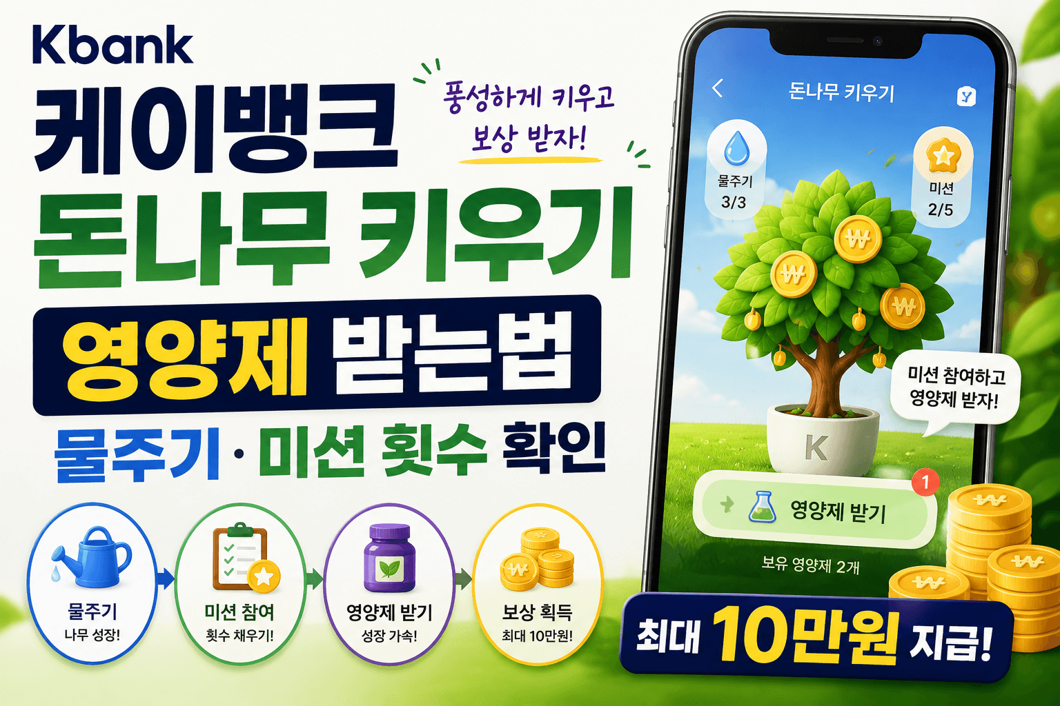 케이뱅크 돈나무 키우기 영양제 받는법｜물주기&middot;미션 횟수 확인