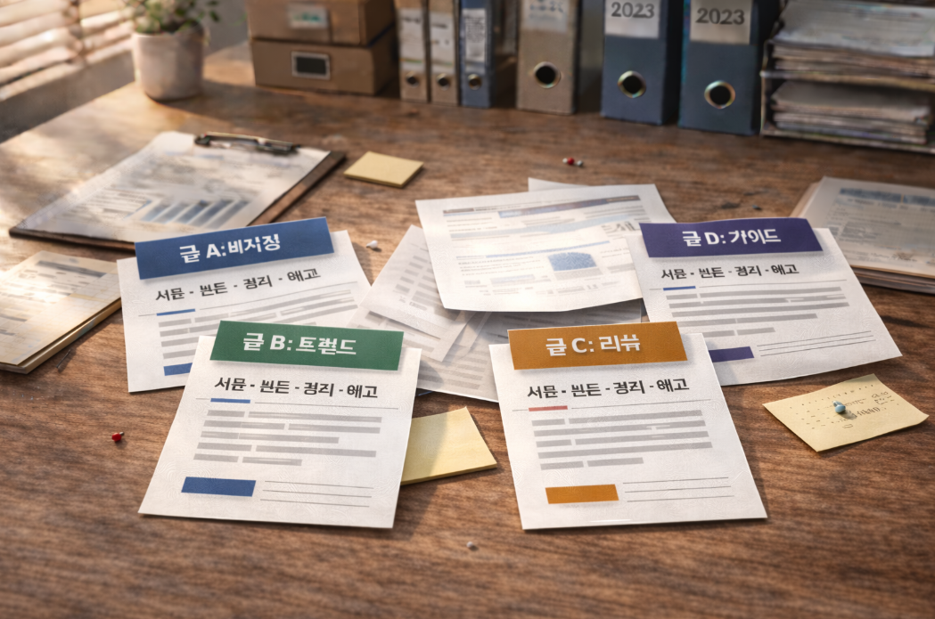 기준 없이 흩어진 분산형 콘텐츠 구조 이미지