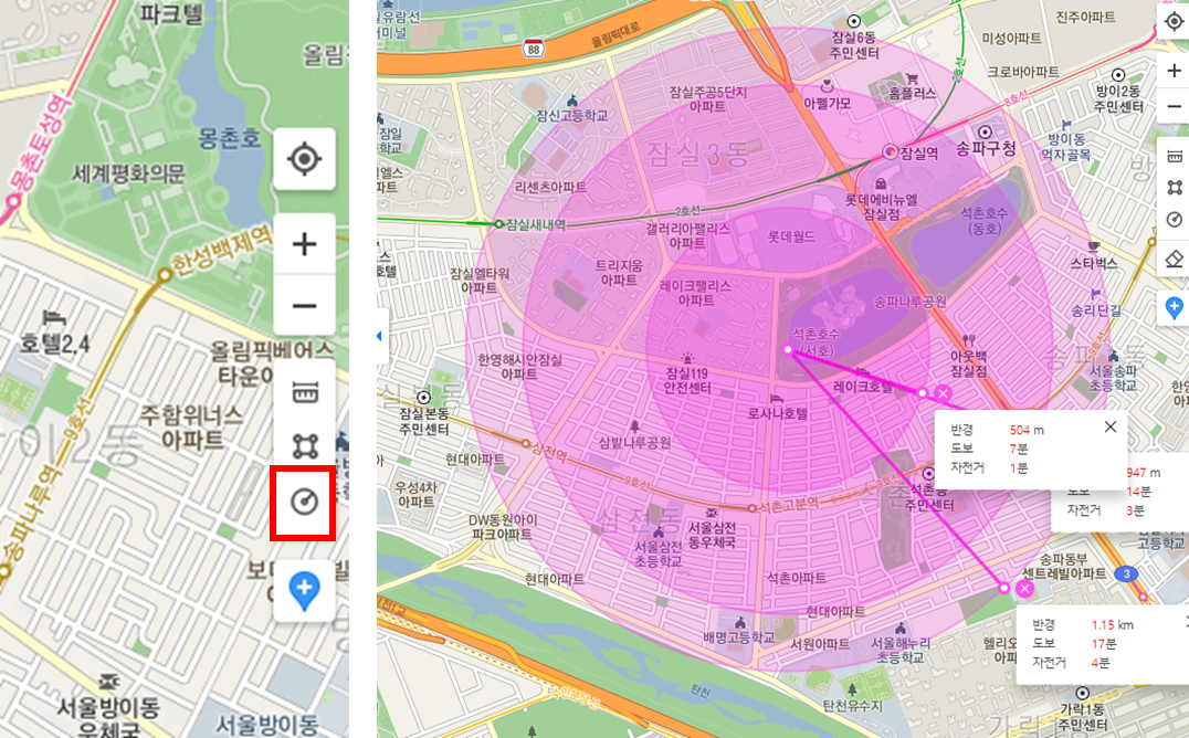 카카오맵-반경-기능-확인-화면