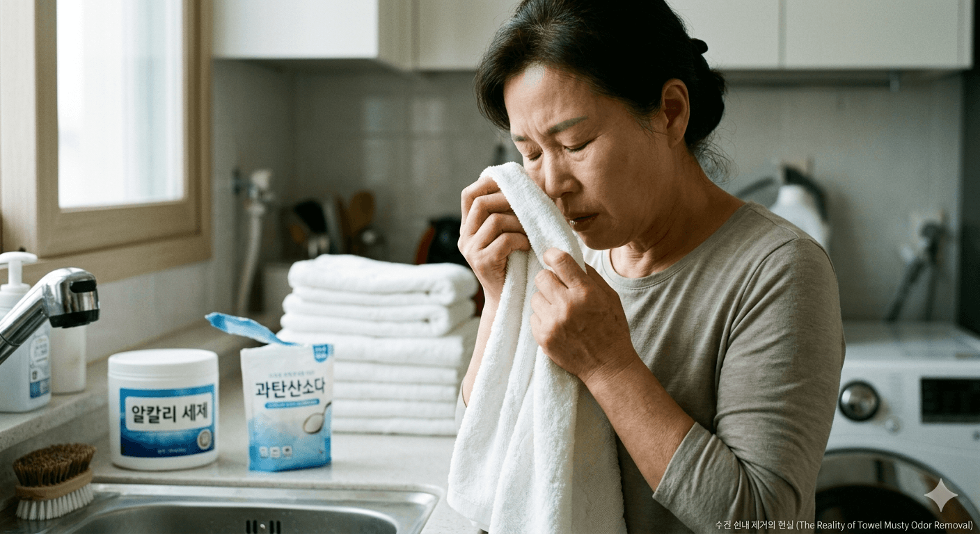 수건에서 쉰내가 나서 무엇이 문제인지 고민하는 이모