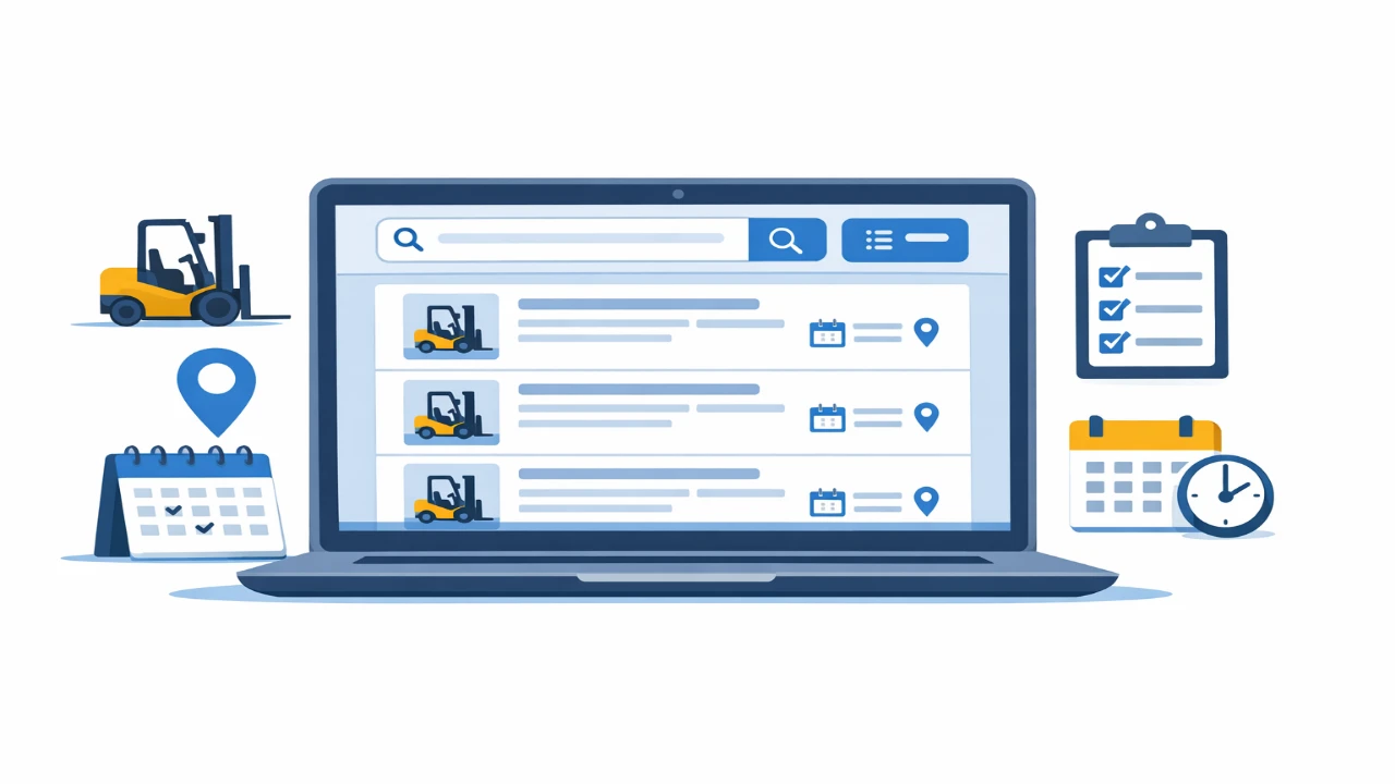 지게차운전기능사 국비지원 훈련과정을 검색하는 흐름을 노트북 화면과 일정, 위치, 체크 아이콘으로 보여주는 본문 이미지