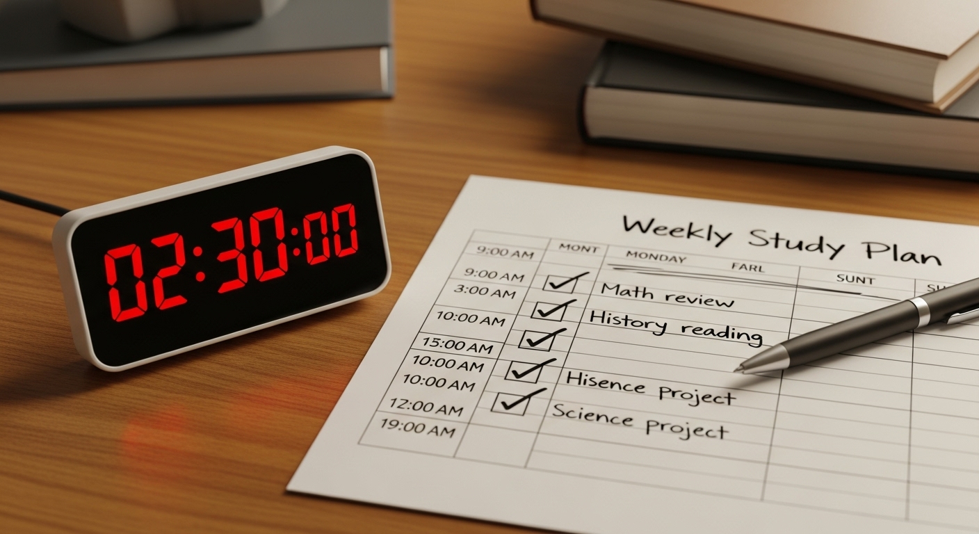 공부 시간 기록을 위한 스톱워치와 주간 플래너 이미지