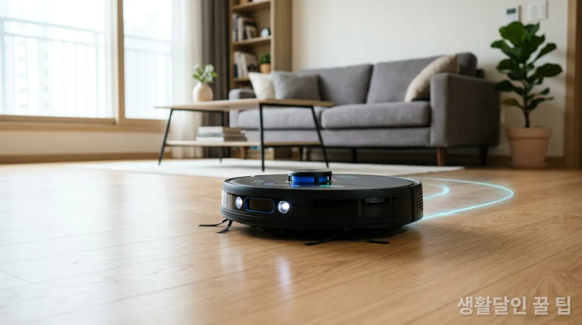 AI 로봇청소기가 한국 아파트 거실 바닥을 청소하며 빛나는 센서