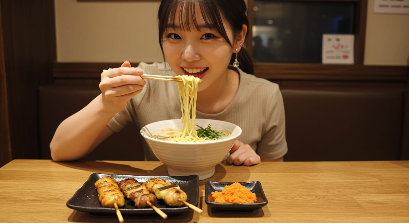 라멘집에서 야키토리와 라멘을 먹는 여자