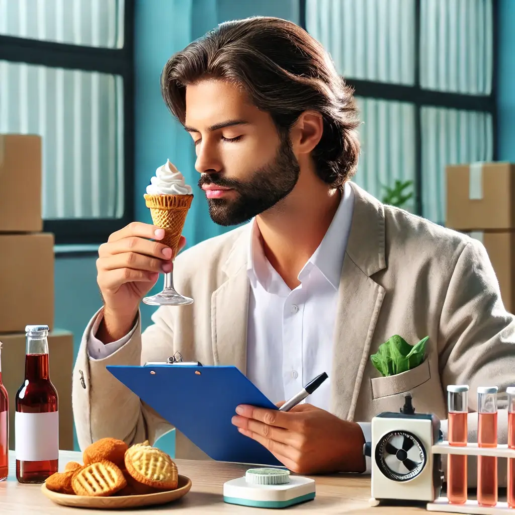 ‘테스터’ 직업을 표현한 이미지입니다! 🍽️🔬📋 다양한 제품을 평가하며 분석하는 전문가의 모습을 담았어요