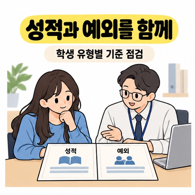 학생 유형별 성적과 예외를 점검하라는 안내 아래 여학생이 상담 직원과 성적 및 예외 안내지를 살펴보는 그림