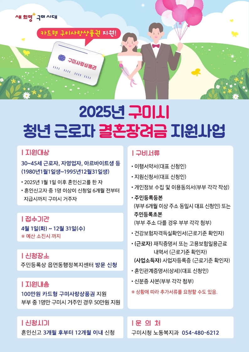 2025 구미시, 청년근로자 결혼장려금 100만원 지원