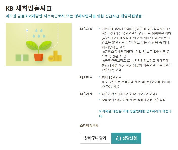 국민은행 새희망홀씨 대출 조건 금리 한도 서류 신청방법