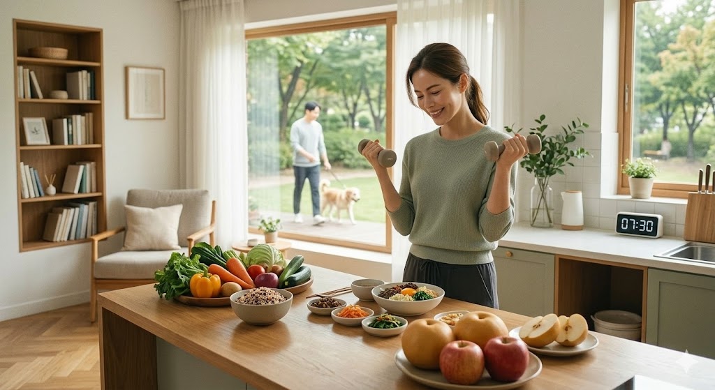 아침 햇살 아래 건강한 식사를 준비하는 평온한 모습