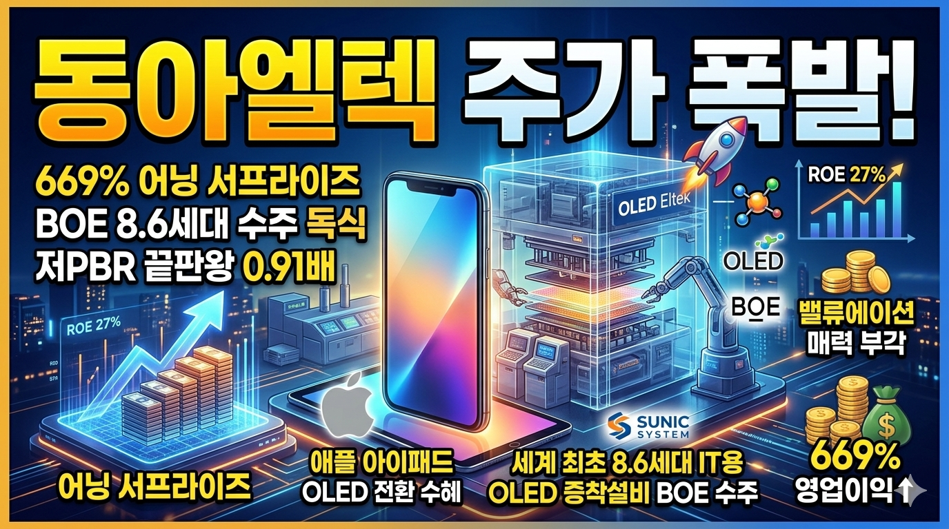 "동아엘텍 주가 폭발 분석 썸네일. 미래지향적인 디스플레이 생산 공장을 배경으로, 상단에 '동아엘텍 주가 폭발!'이라는 노란색 대형 텍스트가 시선을 끈다. 중앙에는 '어닝 서프라이즈' 문구와 함께 상승하는 금화 막대그래프가 역동성을 더한다. 오른쪽에는 '669% 어닝 서프라이즈', 'BOE 8.6세대 수주 독식', '저PBR 끝판왕 0.91배'라는 압도적인 실적 성과 수치와 핵심 투자 포인트가 정리되어 있다. 하단에는 '애플 아이패드 OLED 전환 수혜' 문구와 함께 애플 로고와 아이패드가 보이며, '세계 최초 8.6세대 IT용 OLED 증착설비 BOE 수주' 문구와 함께 자회사 '선익시스템(SUNIC SYSTEM)' 로고가 박힌 증착 장비가 시각화되어 있다. 전체적으로 파란색과 주황색의 미래지향적인 분위기를 연출한다."