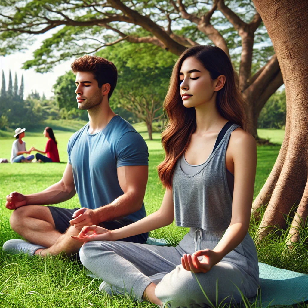 그늘진 공원의 잔디밭에 앉아 함께 깊은 호흡을 연습하는 젊은 커플. 차분하고 집중된 표정으로 나무 아래에서 명상하며&amp;#44; 주변에는 자연을 즐기는 사람들이 보임