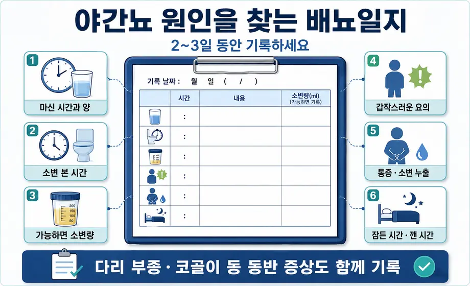 야간뇨 원인을 확인하기 위한 2～3일 배뇨일지 기록 항목