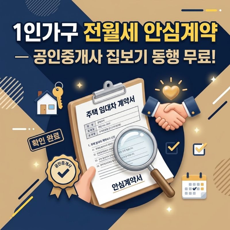 1인가구 전월세 안심계약 도움서비스라는 텍스트가 중앙에 굵게 적혀 있는 블로그 썸네일 이미지. 신뢰감을 주는 네이비 블루와 베이지 톤 배경 위에 부동산 계약서, 돋보기, 그리고 따뜻한 악수 아이콘이 입체감 있게 배치되어 있어 전문가의 안전한 계약 지원 혜택을 직관적으로 보여줍니다.