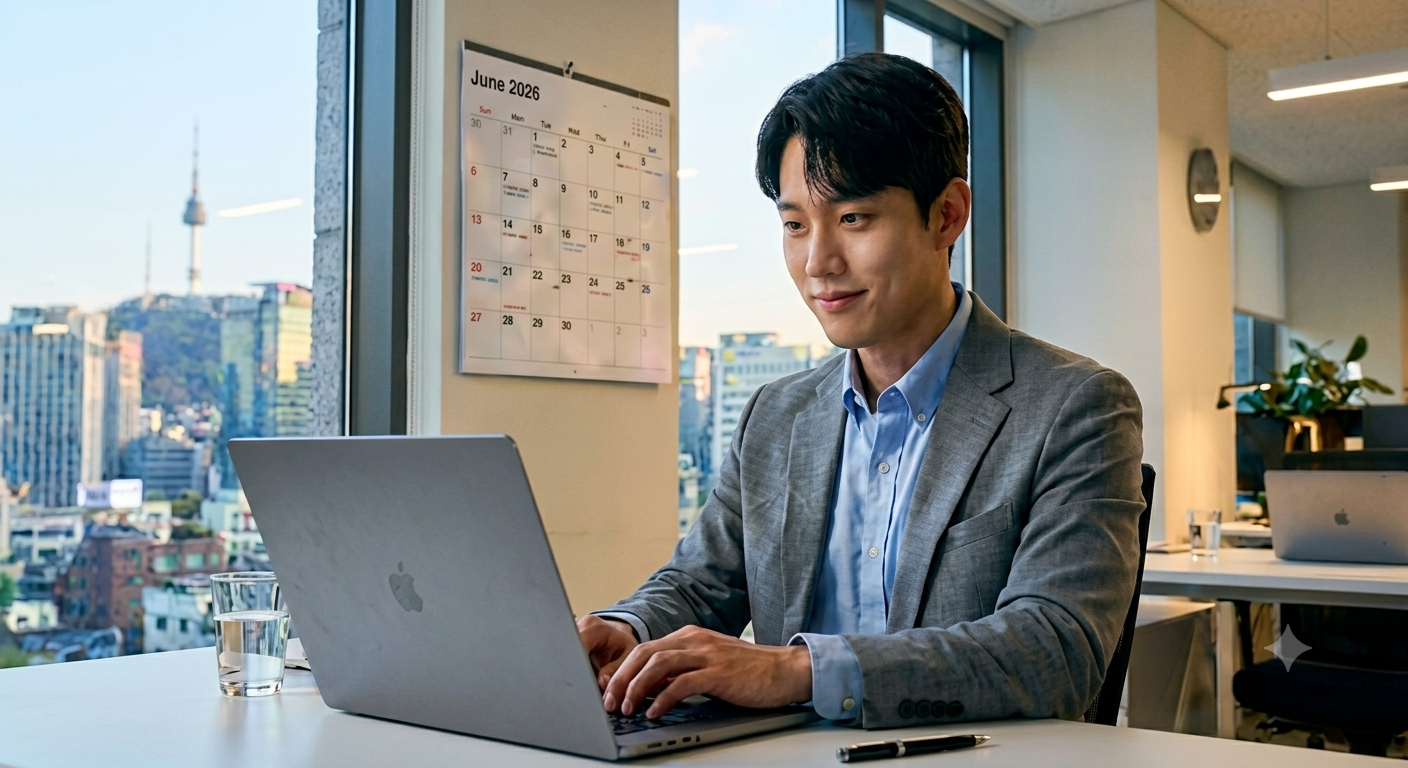 남산타워와 서울 시내 전경이 보이는 현대적인 사무실 창가 자리에서, 회색 비즈니스 정장을 입은 한국인 남성 담당자가 노트북으로 정중하게 이메일을 타이핑하고 있는 실사 사진. 남자의 표정은 너무 과하게 웃지 않고 자연스럽고 정중한 미소를 띠고 있으며, 뒤쪽 벽면에는 2026년 6월 달력이 깔끔하게 붙어 있음.