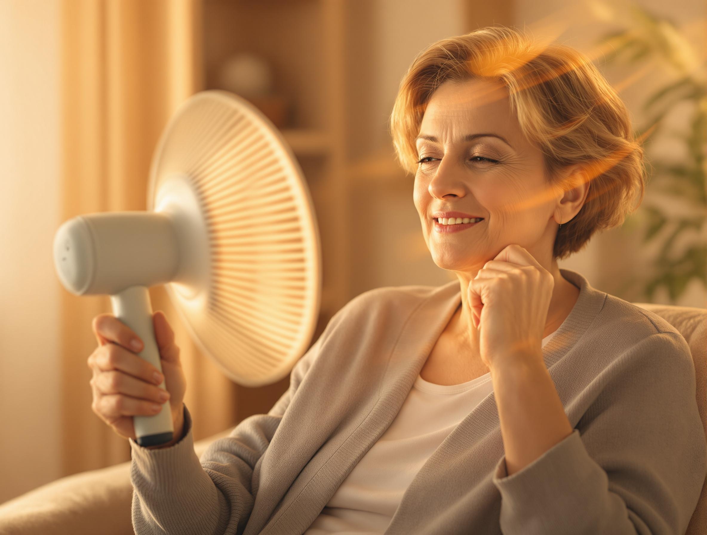 열감으로 더워서 선풍기를 쏘이는 여성의 모습