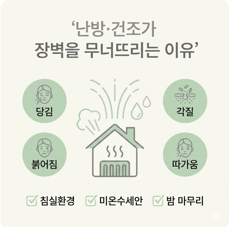 &ldquo;난방과 건조한 공기가 피부 장벽을 흔들어 당김&middot;각질&middot;붉어짐&middot;따가움을 만드는 과정을 정리한 인포그래픽&rdquo;